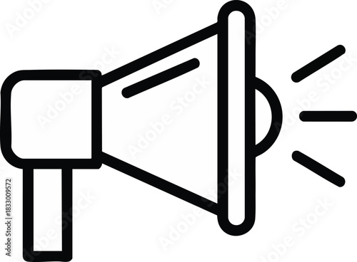 Black outline megaphone icon emitting sound waves, symbolizing public announcement, marketing, and communication