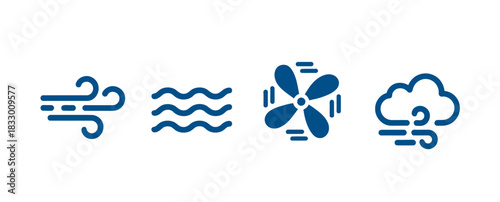 A collection of four blue line art icons represents weather phenomena and technology, including wind, waves, a fan, and a cloud with wind.