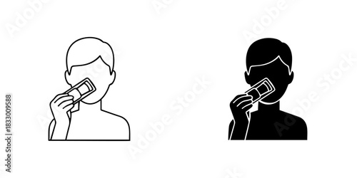 Mans face grooming icon, showing a person using a small electric shaver or compact, in line art and silhouette
