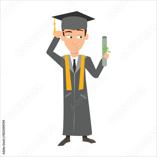 Confused graduate student scratching head while holding a diploma. Concept of uncertain future