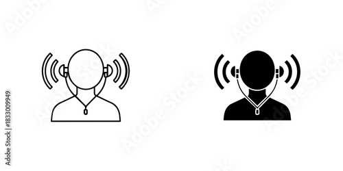 Person listening to audio with earphones icon, outline and silhouette, isolated on
