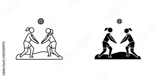 Volleyball players icon set two women in outline and solid silhouette styles, isolated on