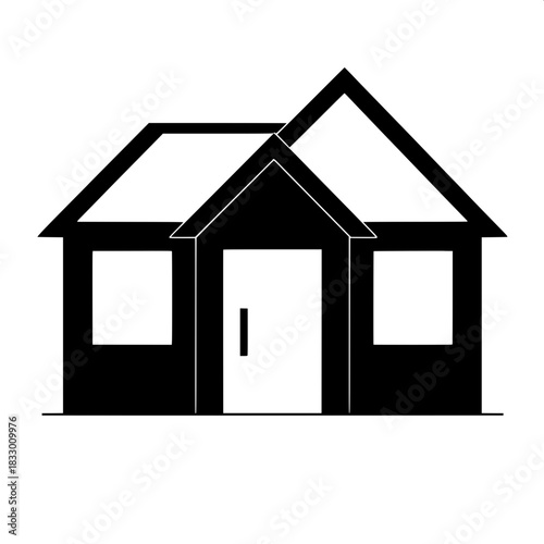 Minimalist home symbol in front view featuring bold blocky shapes with clean lines, a large geometric window with a white outline, and a flat door design, all rendered in a sleek black color with cris