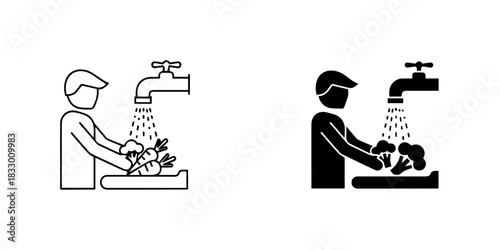 Person washing vegetables under a faucet, line art and solid icon set for food preparation and hygiene