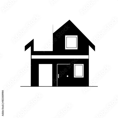 Minimalist home symbol in front view featuring bold blocky shapes with clean lines, a large geometric window with a white outline, and a flat door design, all rendered in a sleek black color with cris