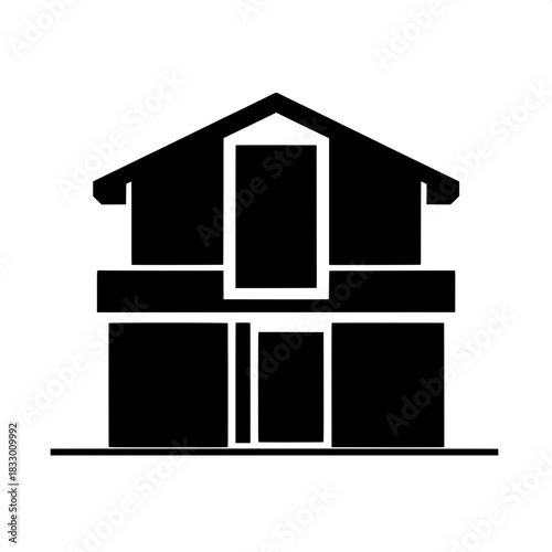 Minimalist home symbol in front view featuring bold blocky shapes with clean lines, a large geometric window with a white outline, and a flat door design, all rendered in a sleek black color with cris