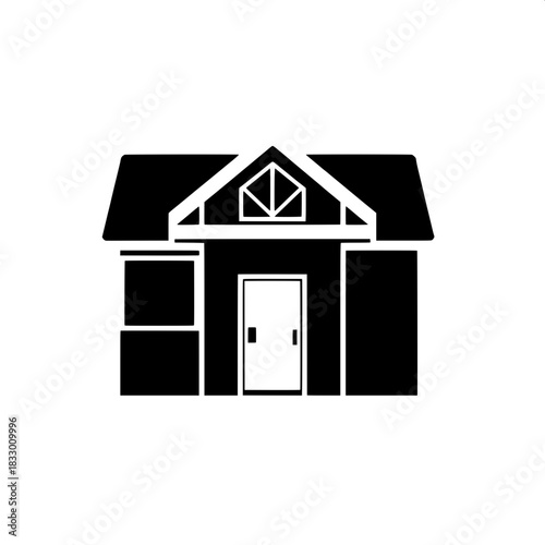 Minimalist home symbol in front view featuring bold blocky shapes with clean lines, a large geometric window with a white outline, and a flat door design, all rendered in a sleek black color with cris