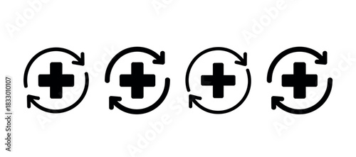 Four identical icons depicting a plus sign within a circular arrow, representing a process or update in healthcare or technology.