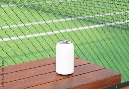 Realistic Soda Can Mockup on Wooden Bench at Outdoor Tennis Court