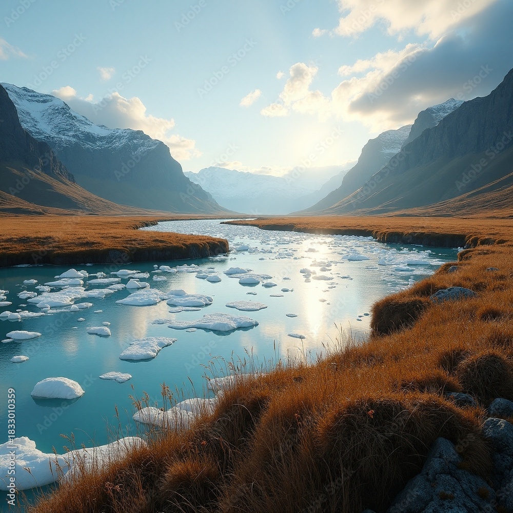 Obraz premium Beautiful river reflecting mountains and ice in nature landscape Generative AI