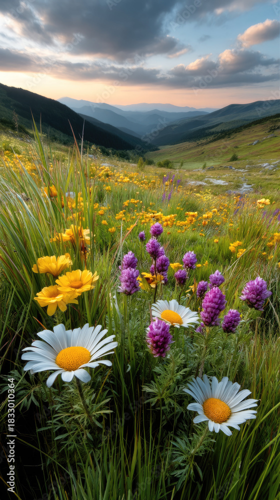 Obraz premium Colorful flower field with distant mountains, wild daisies, yellow and purple blossoms, green grass, and dramatic sunset sky
