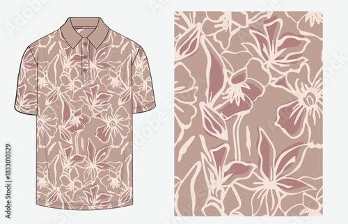 Minimal and elegant monochrome floral seamless pattern designed for premium men’s polo shirts. Features hand-drawn outlines and soft earthy tones, ideal for apparel, textiles, wallpaper, packaging.