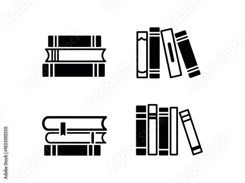 A set of four graphic illustrations depict stacks and rows of books, representing knowledge and learning.