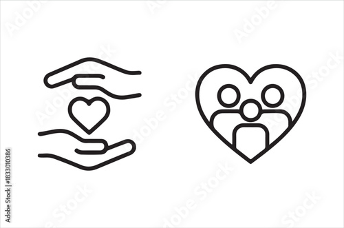 Protection and family hands cradling a heart and a family icon