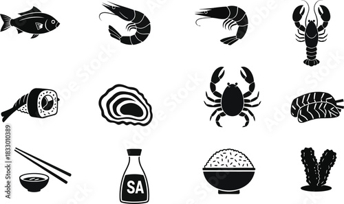 Seafood icons set black and white vector illustration