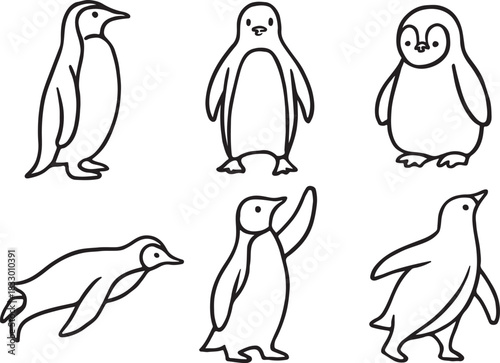 Outline Illustrations of Penguins Standing, Swimming, and Waving