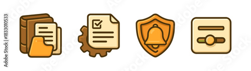 Policies and compliance cartoon icons set, documents alerts settings