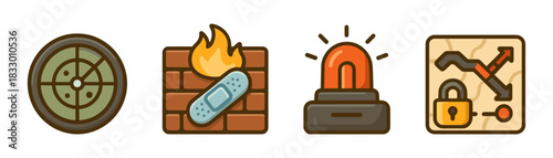 Network defense cartoon icons set, firewall incidents and monitoring