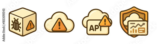 Cloud and API security cartoon icons set, risks alerts and protection