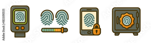 Cartoon biometric security icons set, identity verification devices