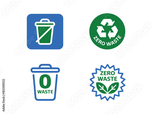 Collection of icons representing waste reduction and recycling, including symbols for trash cans and the zero waste concept.