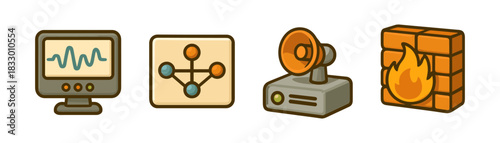 Cartoon network security icons set, monitoring and firewall