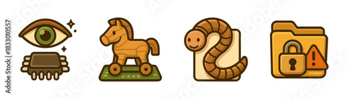 Cartoon cybersecurity threats icons set, malware and phishing