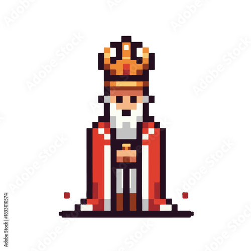 Majestic king character in a retro pixel art style. An isolated digital icon representing the concept of sovereign rule and nobility