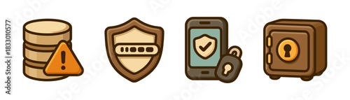 Cartoon data protection icons set, secure storage and access control