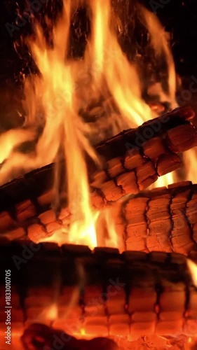 Spark Ignition with smoldering wood with sparks flying; effect Burning Embers style featuring fire, wood, spark, ember, cinematic 4k animated overlay, seamless loop stock footage background