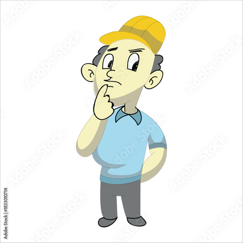 Thoughtful construction worker thinking with hand on chin, planning a project