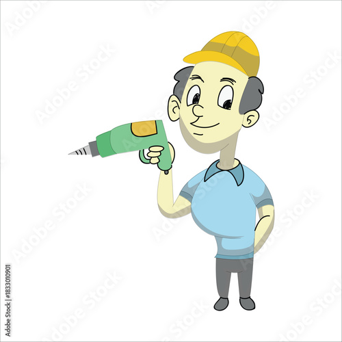Construction worker holding a green electric power drill tool