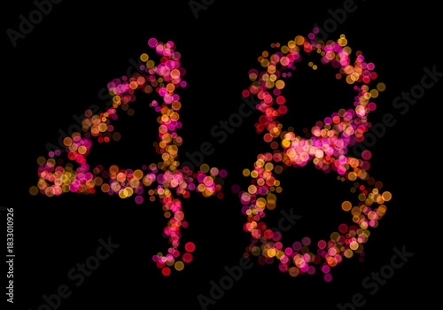 Number forty-eight, 48 made with multicolored bokeh lights effect, Bokeh on black background, Digit, Blur, Glitter, Defocused, Seamless polka dot pattern, Illustration design