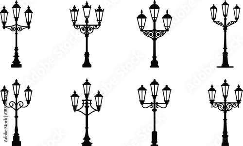 Collection of vintage street lamp silhouettes a set of ornate and elegant light posts for architectural designs and historical illustrations isolated on white background