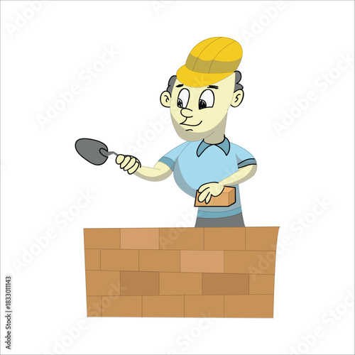 Construction worker building a red brick wall using a trowel and cement