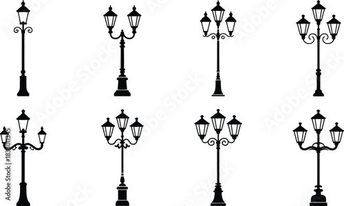Elegant collection of vintage street lamp silhouettes for architectural designs urban planning and historical illustrations providing a classic and timeless aesthetic for diverse creative projects