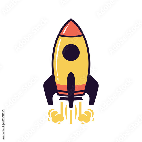 Cartoon Rocket Ship Launching into Space with Flames.