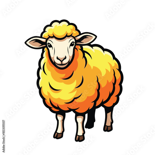 Cartoon Illustration of a Yellow Sheep Standing on White Background.