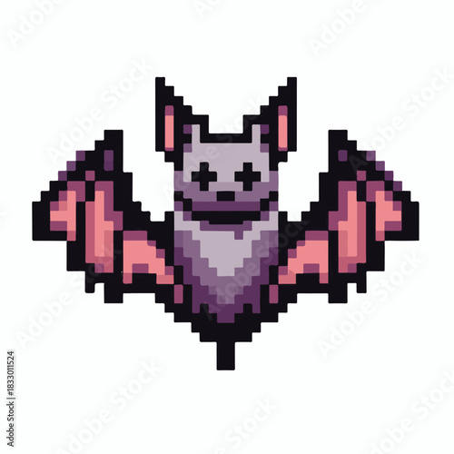 Cute and spooky pixel art bat character with spread wings, an 8-bit retro video game sprite with cross eyes isolated on a white background