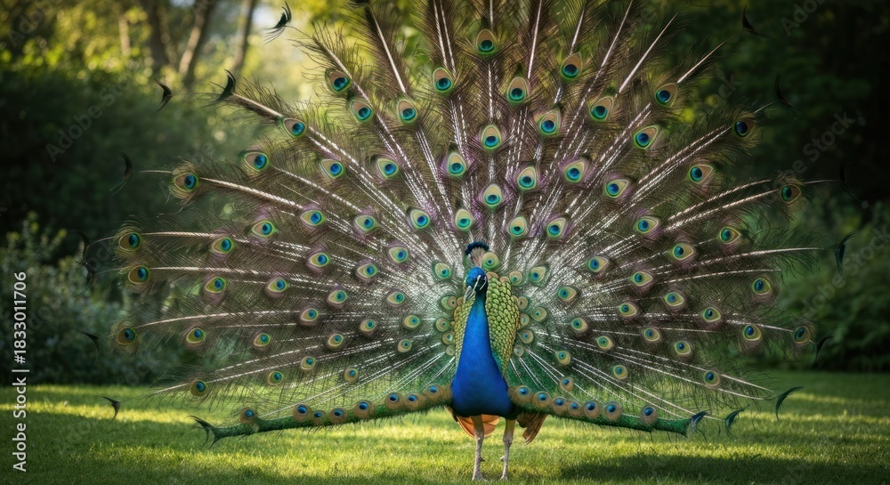 Obraz premium Peacock with vibrant display in a lush garden setting