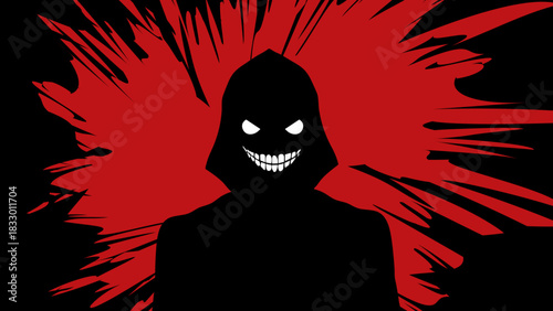Menacing silhouette with glowing eyes and jagged red background