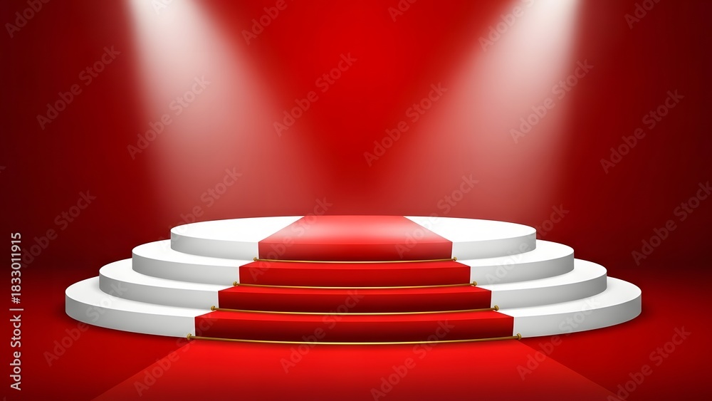 Obraz premium Elegant red carpet on white tiered stage with spotlight background