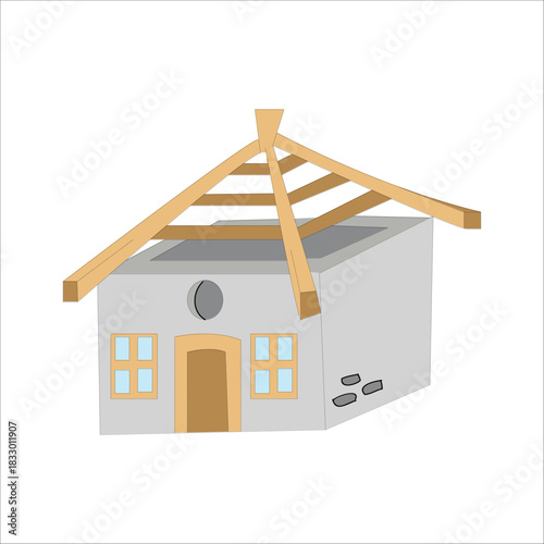 Cartoon illustration of a small unfinished house structure with wooden roof framing