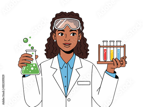 A female scientist or chemist in a lab coat and goggles holds a flask and test tubes for a science experiment, vector illustration