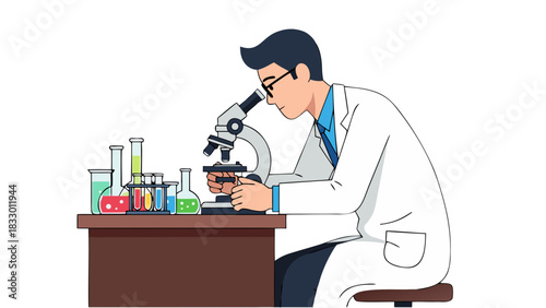 Scientist working diligently with a microscope in a laboratory setting, surrounded by scientific equipment