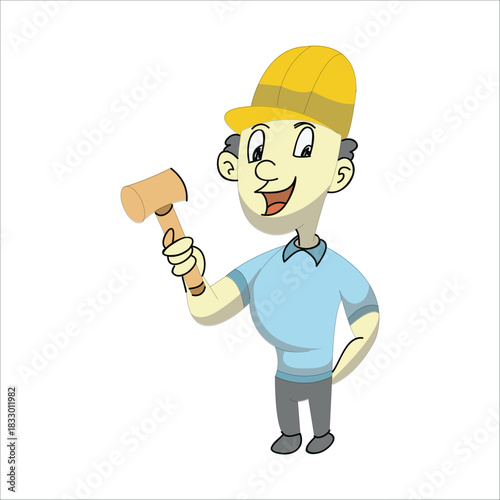 Construction worker holding a wooden mallet or hammer tool