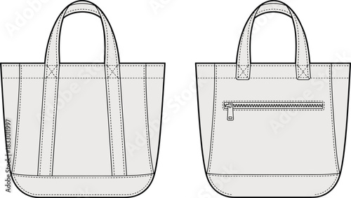 Canvas tote bag vector technical drawing illustration front and back view fashion sketch design template isolated on white background