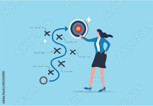 Strategy planning, method or tactic to win business reach goal, solution to avoid obstacle, path to success or discover solution to succeed concept, businesswoman present strategic plan to success