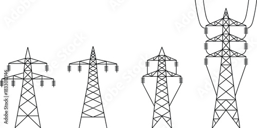 Set of high voltage electricity pylon vector silhouettes showing different transmission tower designs for industrial energy power grid illustrations