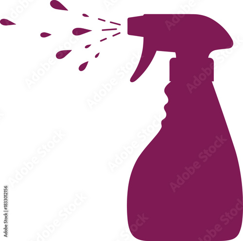 Spray bottle silhouette illustration with droplets and trigger grip, dark magenta cleaning product vector, hygiene and sanitation concept